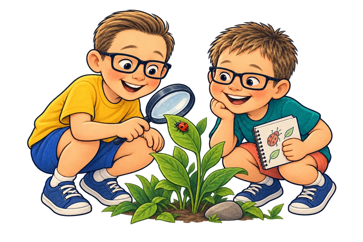 Marty and Matt look closely at a ladybug and sketch what they notice.